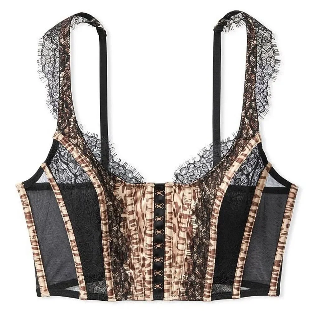 Victoria's Secret CORSET‎ LACE BRA TOP S-DD Thong S Set Black Leopard $108